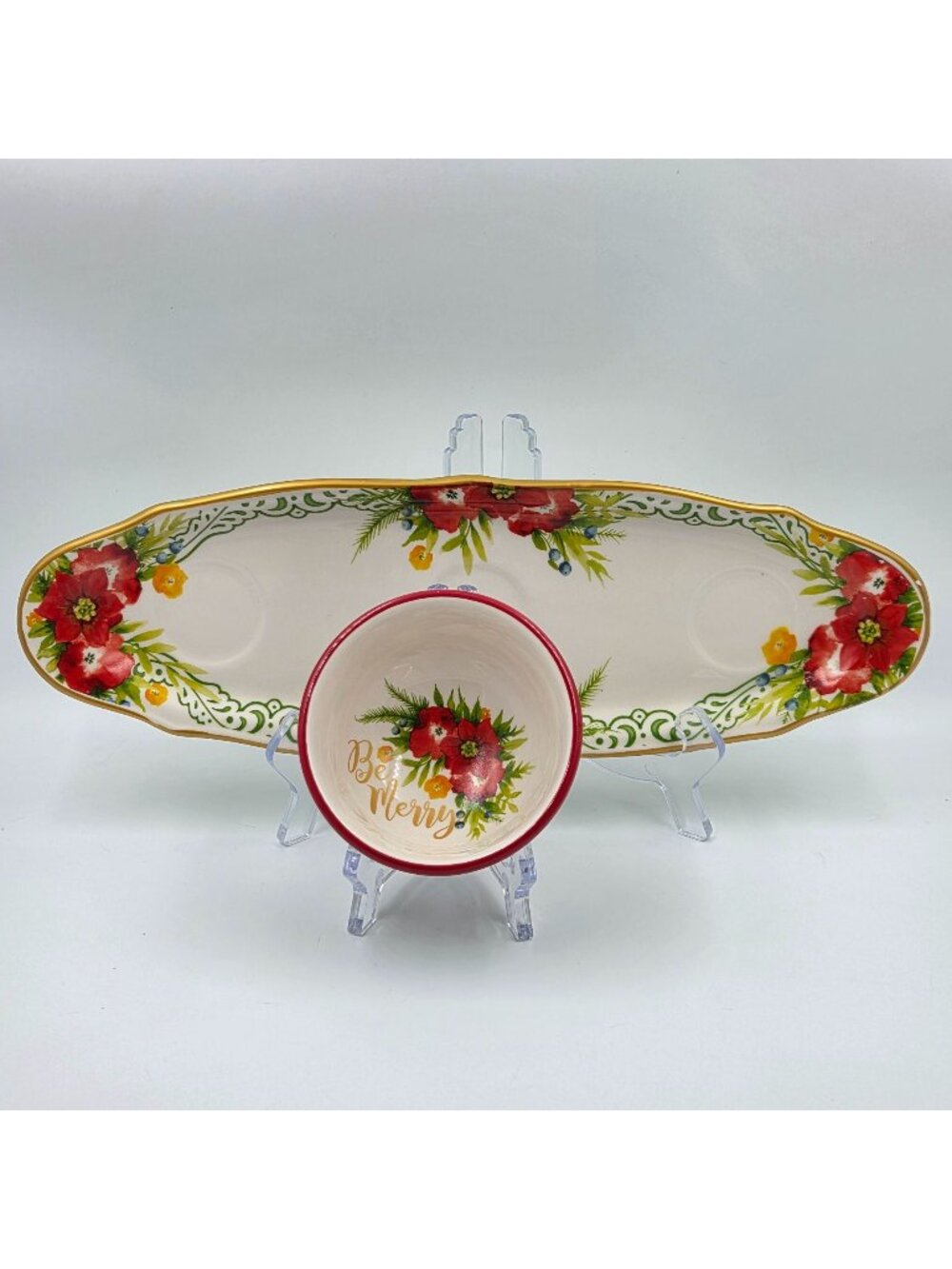 Pioneer Woman Garland 2 Piece Set Condiment Tray with Be Merry Bowl